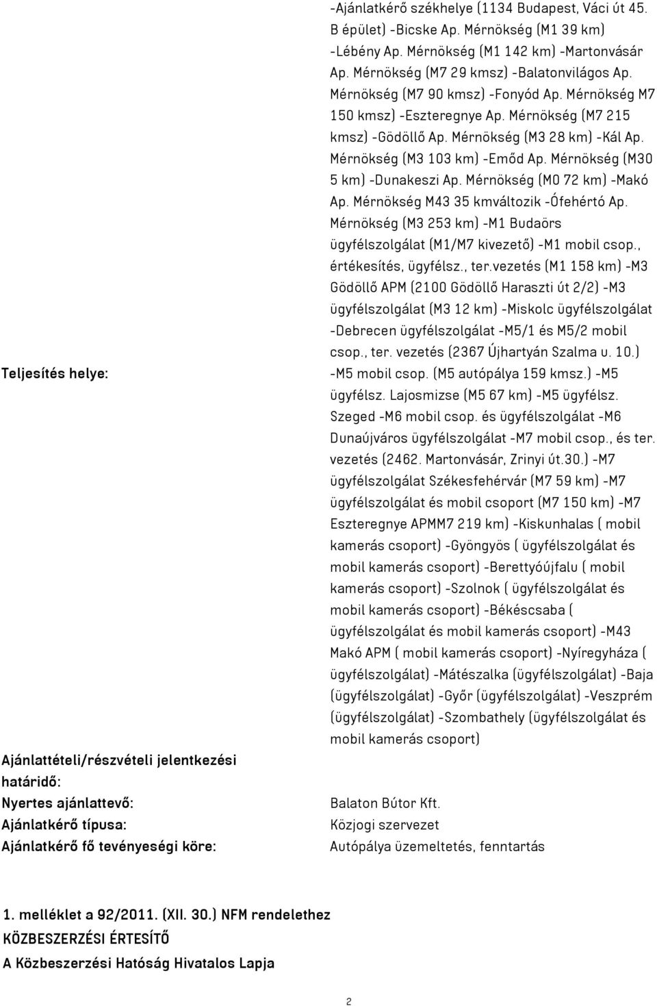 Mérnökség M7 150 kmsz) -Eszteregnye Ap. Mérnökség (M7 215 kmsz) -Gödöllő Ap. Mérnökség (M3 28 km) -Kál Ap. Mérnökség (M3 103 km) -Emőd Ap. Mérnökség (M30 5 km) -Dunakeszi Ap.