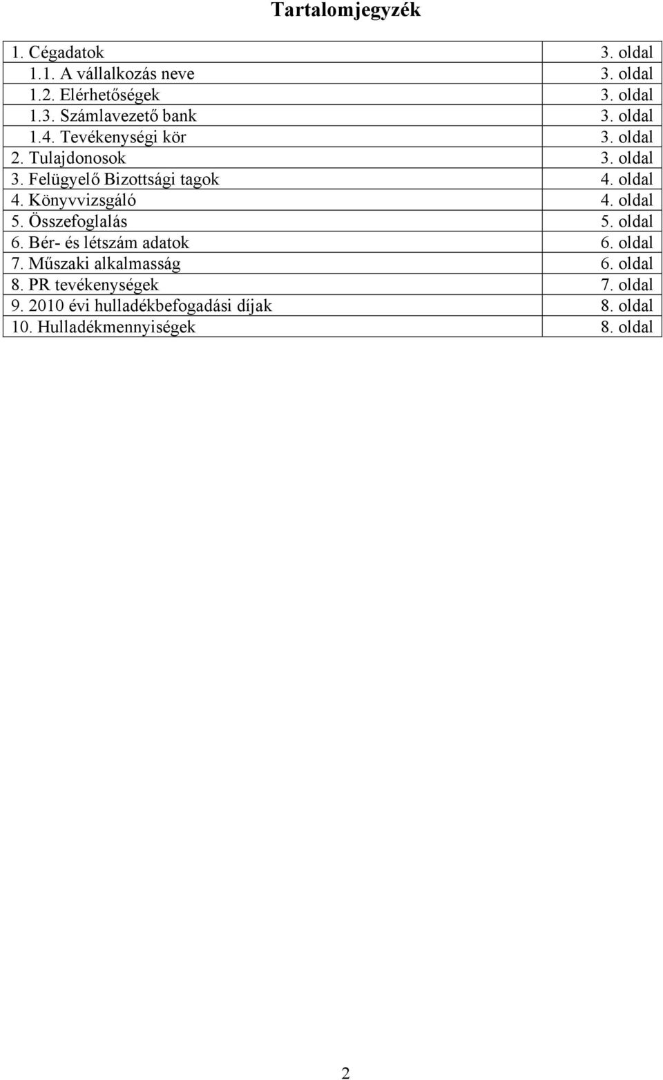 Könyvvizsgáló 4. oldal 5. Összefoglalás 5. oldal 6. Bér- és létszám adatok 6. oldal 7. Műszaki alkalmasság 6.