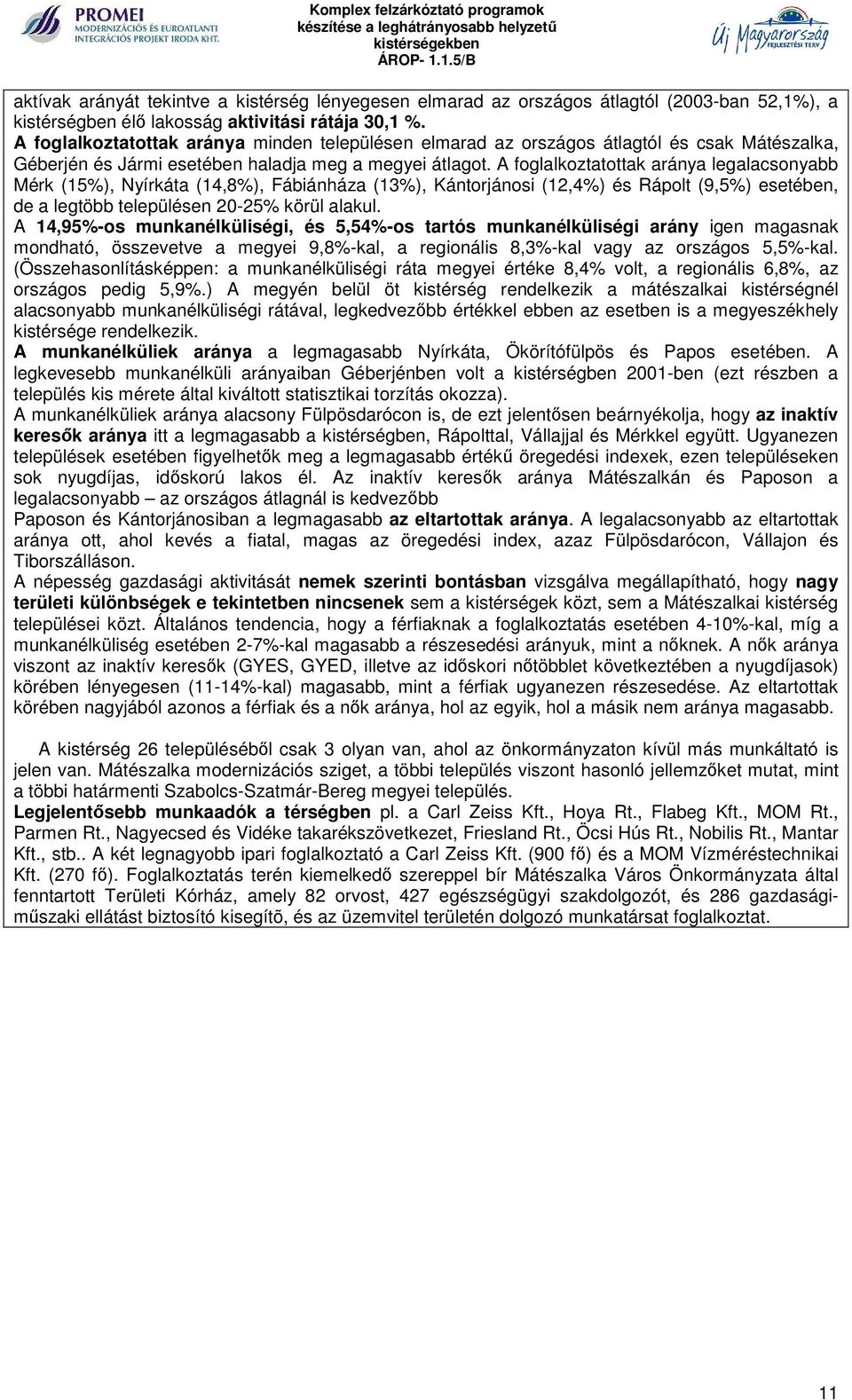 A foglalkoztatottak aránya legalacsonyabb Mérk (15%), Nyírkáta (14,8%), Fábiánháza (13%), Kántorjánosi (12,4%) és Rápolt (9,5%) esetében, de a legtöbb településen 20-25% körül alakul.