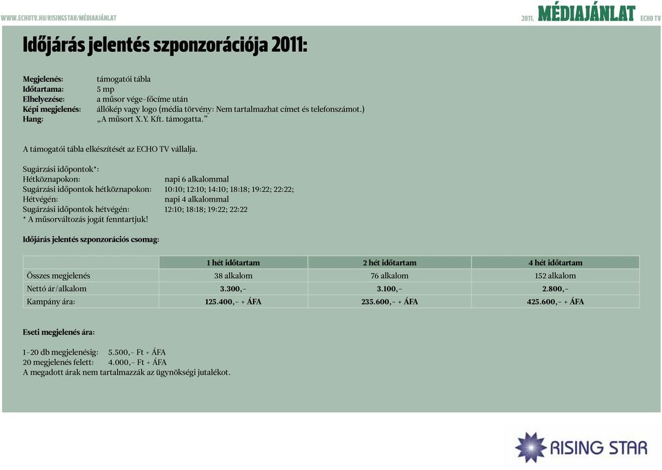 Sugárzási időpontok*: Hétköznapokon: napi 6 alkalommal Sugárzási időpontok hétköznapokon: 10:10; 12:10; 14:10; 18:18; 19:22; 22:22; Hétvégén: napi 4 alkalommal Sugárzási időpontok hétvégén: 12:10;