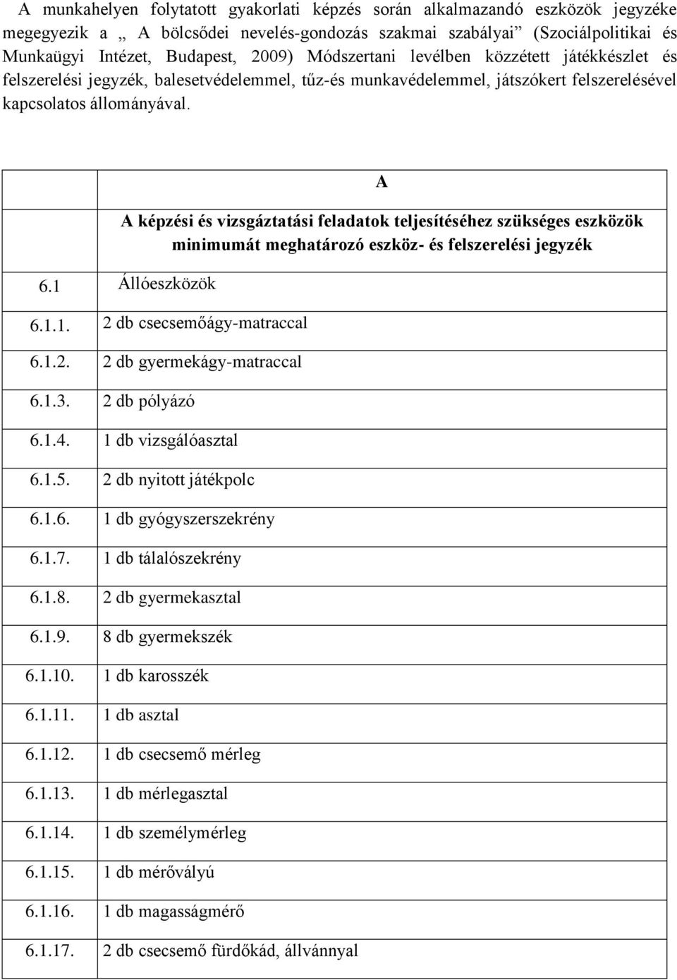 A A képzési és vizsgáztatási feladatok teljesítéséhez szükséges eszközök minimumát meghatározó eszköz- és felszerelési jegyzék 6.1 Állóeszközök 6.1.1. 2 db csecsemőágy-matraccal 6.1.2. 2 db gyermekágy-matraccal 6.