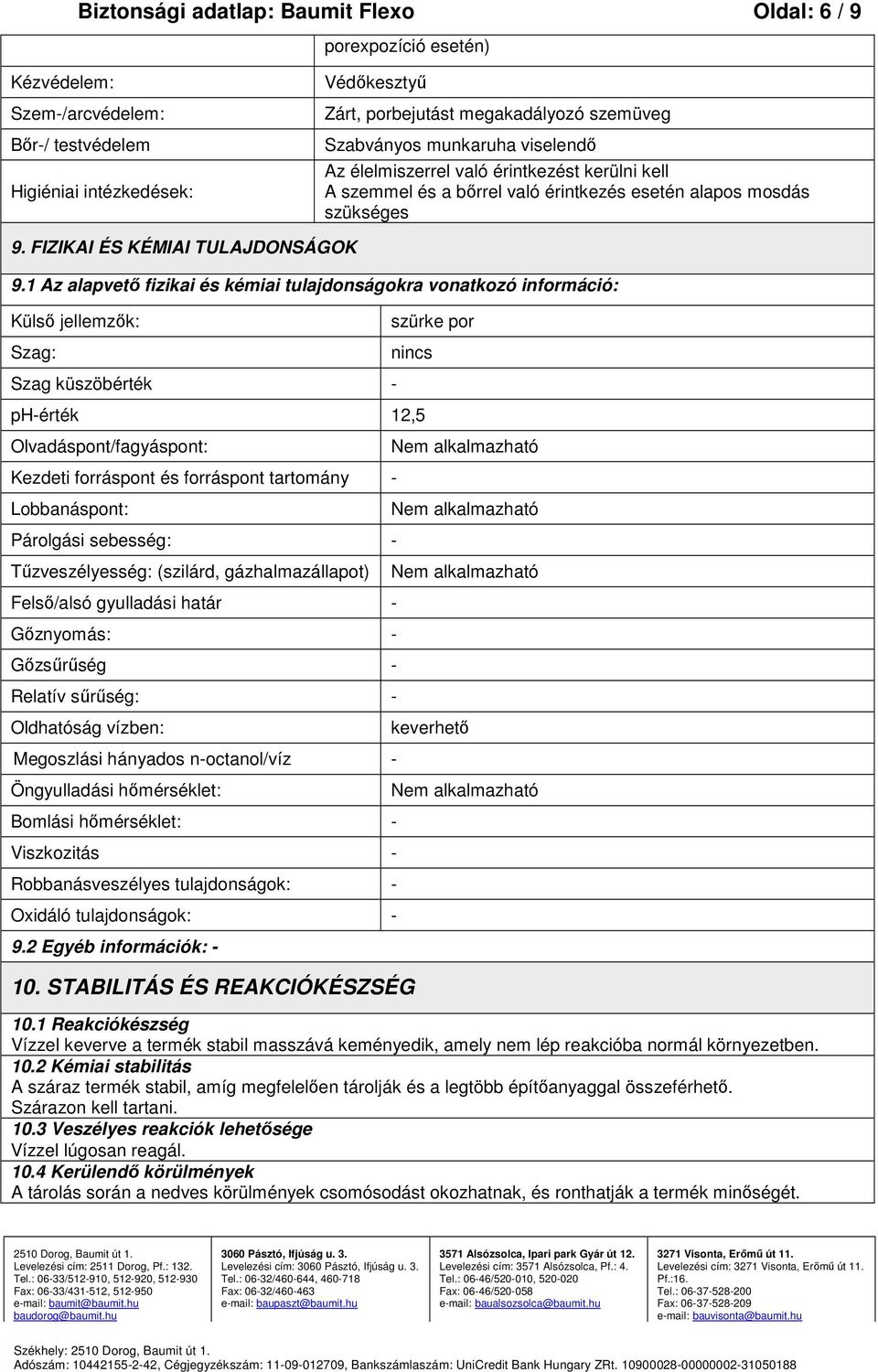 1 Az alapvető fizikai és kémiai tulajdonságokra vonatkozó információ: Külső jellemzők: Szag: szürke por nincs Szag küszöbérték phérték 12,5 Olvadáspont/fagyáspont: Nem alkalmazható Kezdeti forráspont