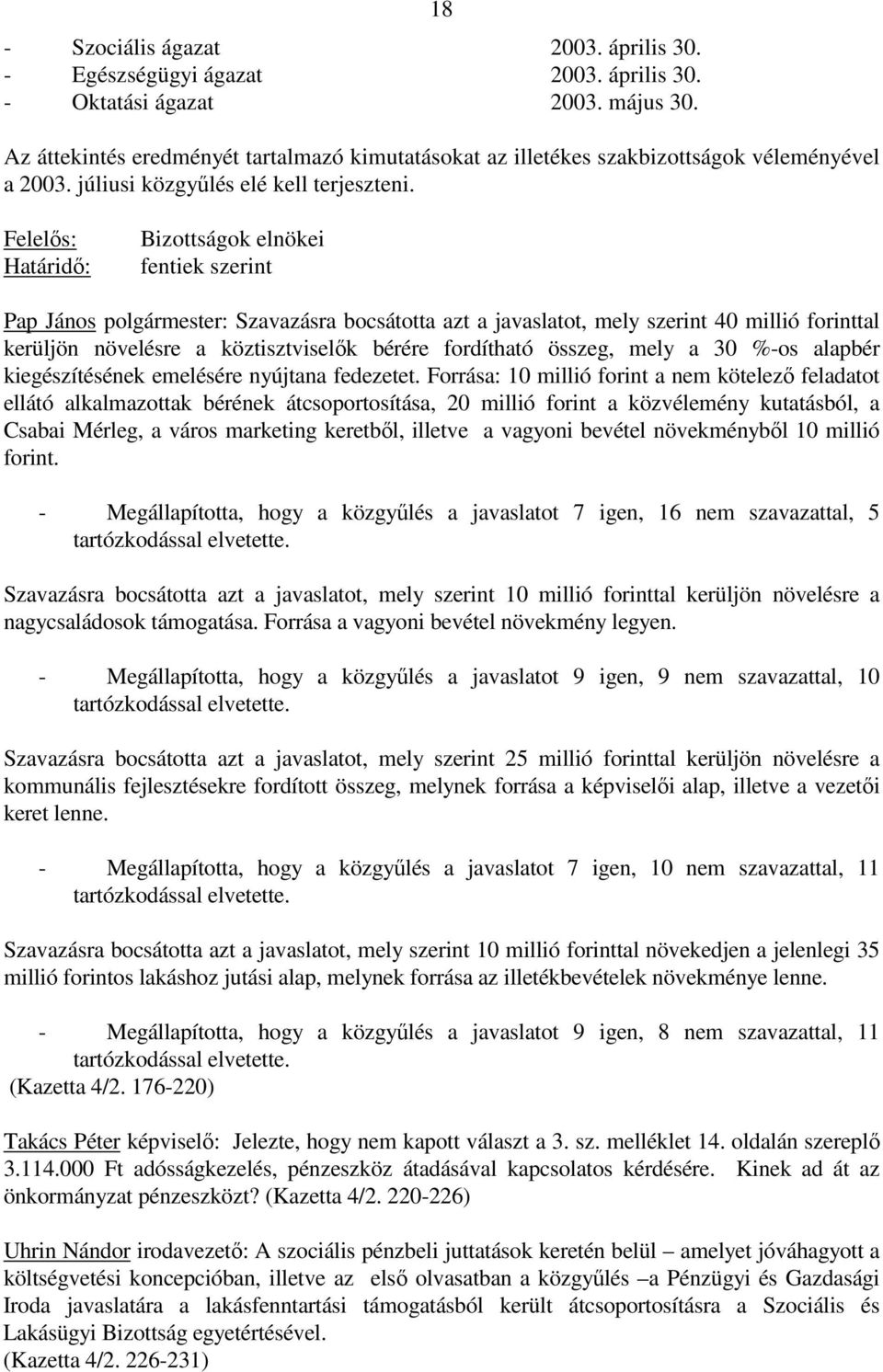 Felelıs: Határidı: Bizottságok elnökei fentiek szerint Pap János polgármester: Szavazásra bocsátotta azt a javaslatot, mely szerint 40 millió forinttal kerüljön növelésre a köztisztviselık bérére