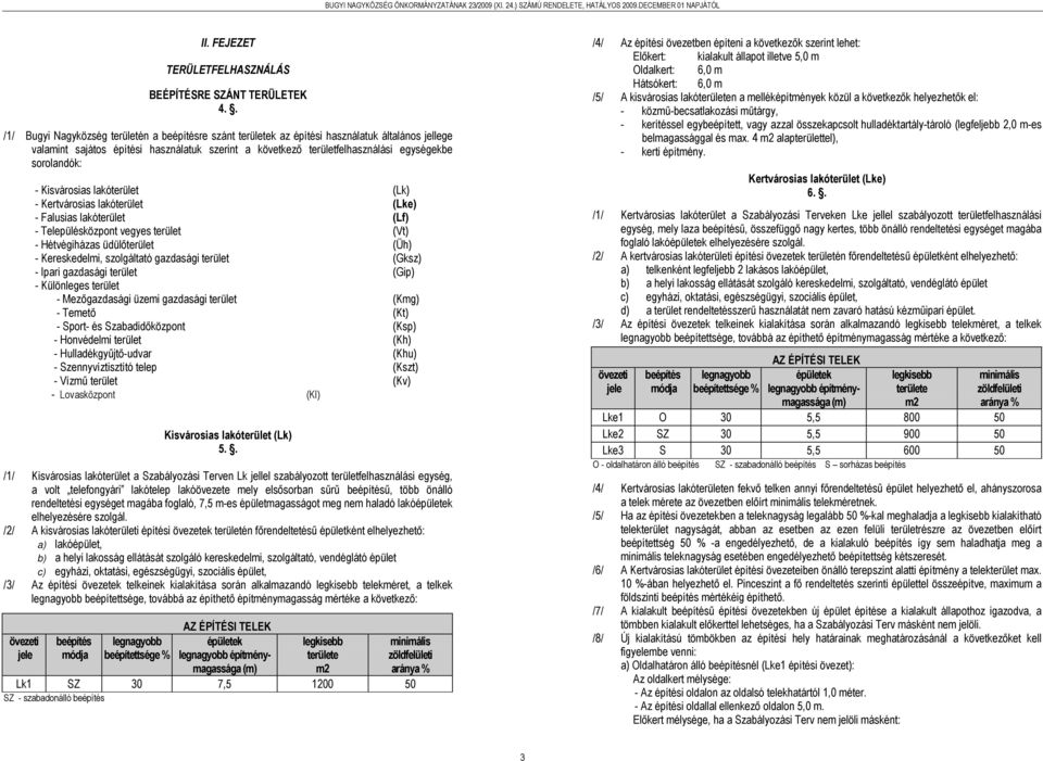 sorolandók: - Kisvárosias lakóterület (k) - Kertvárosias lakóterület - Falusias lakóterület (ke) (f) - Településközpont vegyes terület - Hétvégiházas üdülőterület (t) (Üh) - Kereskedelmi, szolgáltató