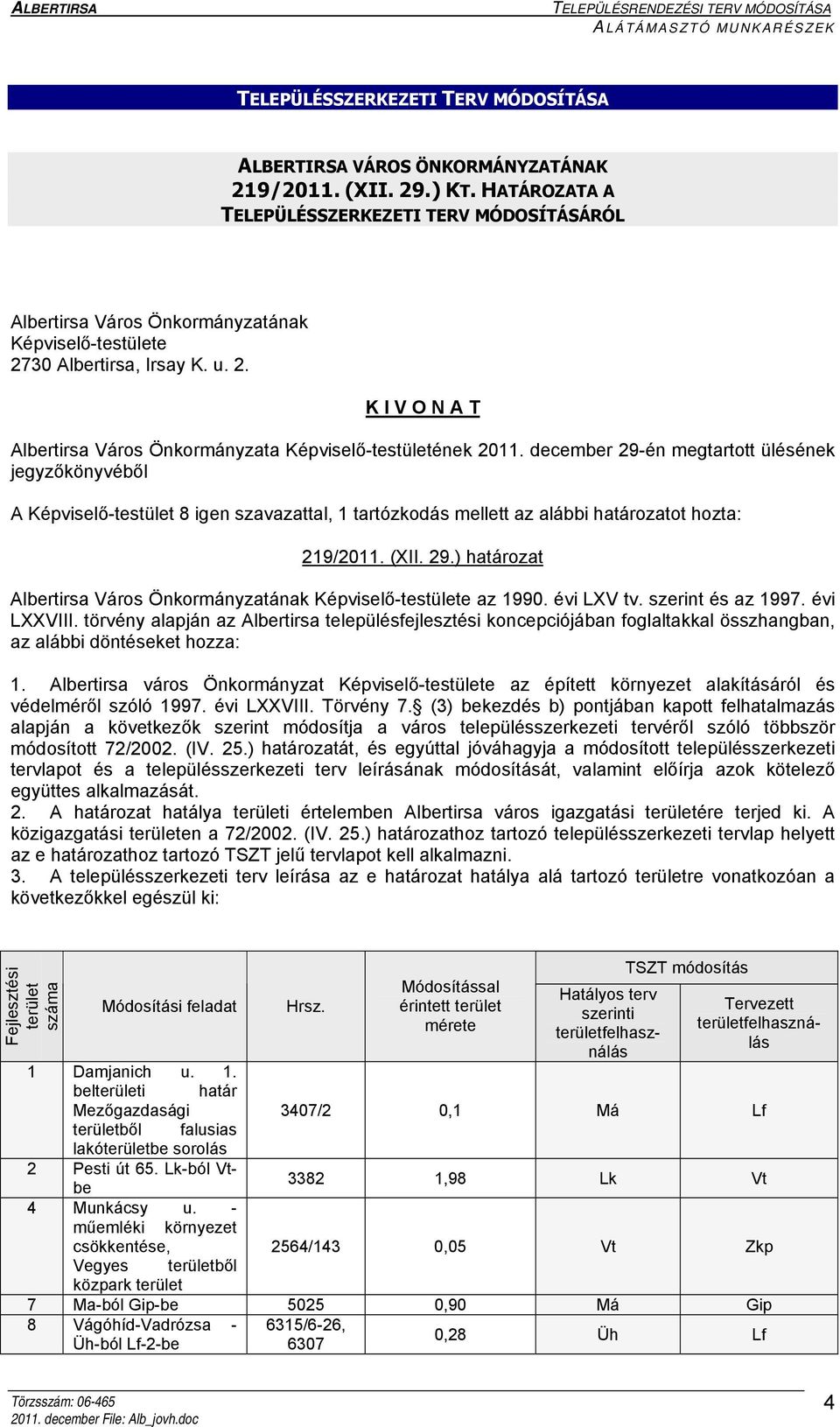 december 29-én megtartott ülésének jegyzőkönyvéből A Képviselő-testület 8 igen szavazattal, 1 tartózkodás mellett az alábbi határozatot hozta: 219/2011. (XII. 29.) határozat Albertirsa Város Önkormányzatának Képviselő-testülete az 1990.