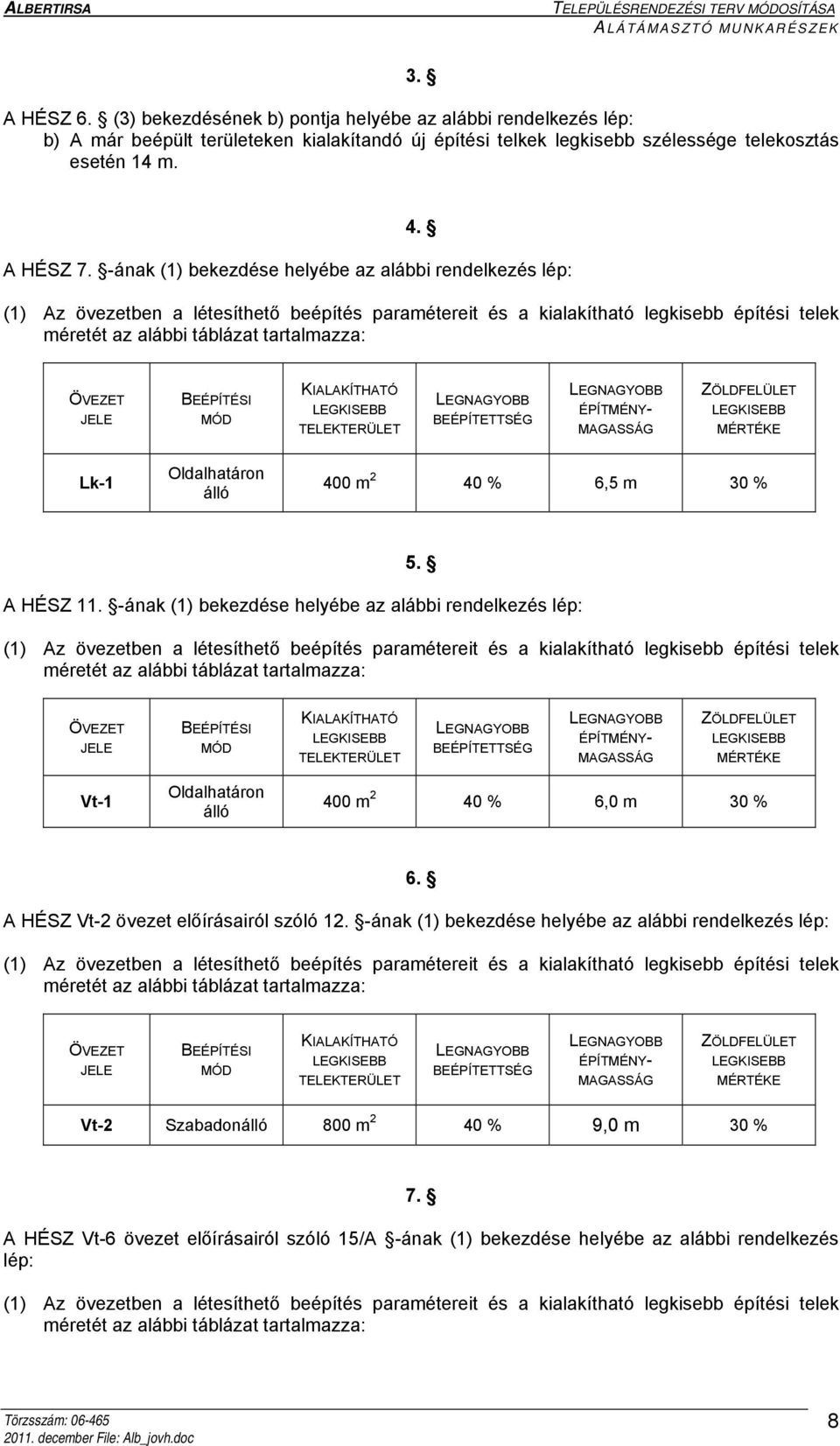 JELE BEÉPÍTÉSI MÓD KIALAKÍTHATÓ ZÖLDFELÜLET MÉRTÉKE Lk-1 Oldalhatáron álló 400 m 2 40 % 6,5 m 30 % 5. A HÉSZ 11.