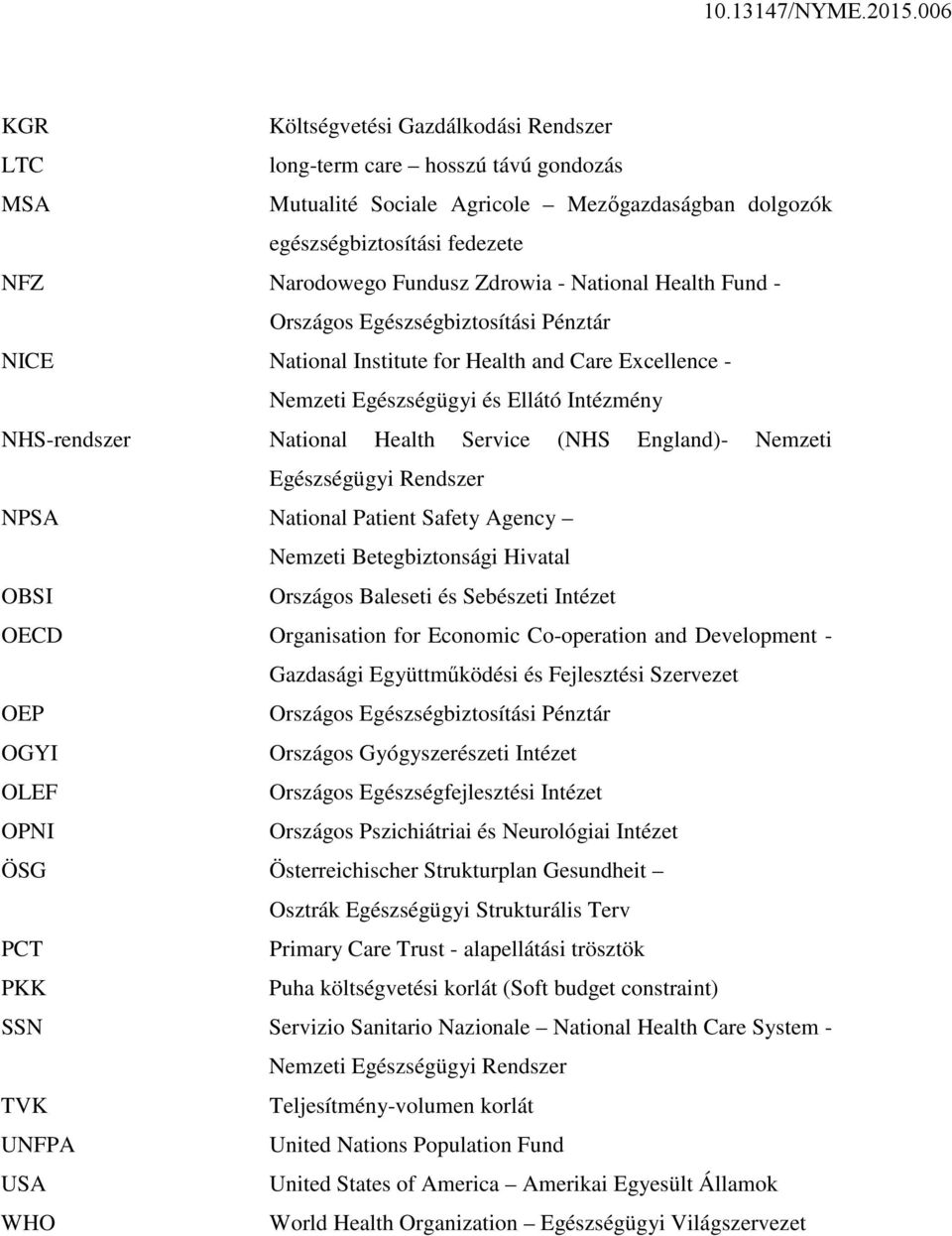 England)- Nemzeti Egészségügyi Rendszer NPSA National Patient Safety Agency Nemzeti Betegbiztonsági Hivatal OBSI Országos Baleseti és Sebészeti Intézet OECD Organisation for Economic Co-operation and