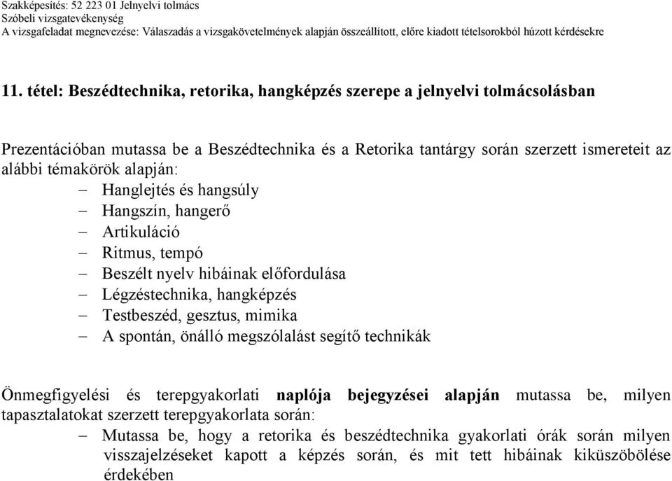 nyelv hibáinak előfordulása Légzéstechnika, hangképzés Testbeszéd, gesztus, mimika A spontán, önálló megszólalást segítő technikák Mutassa be,