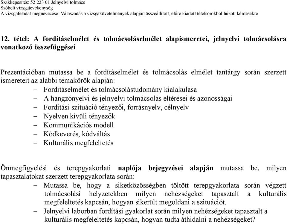 forrásnyelv, célnyelv Nyelven kívüli tényezők Kommunikációs modell Kódkeverés, kódváltás Kulturális megfeleltetés Mutassa be, hogy a siketközösségben töltött terepgyakorlata során végzett