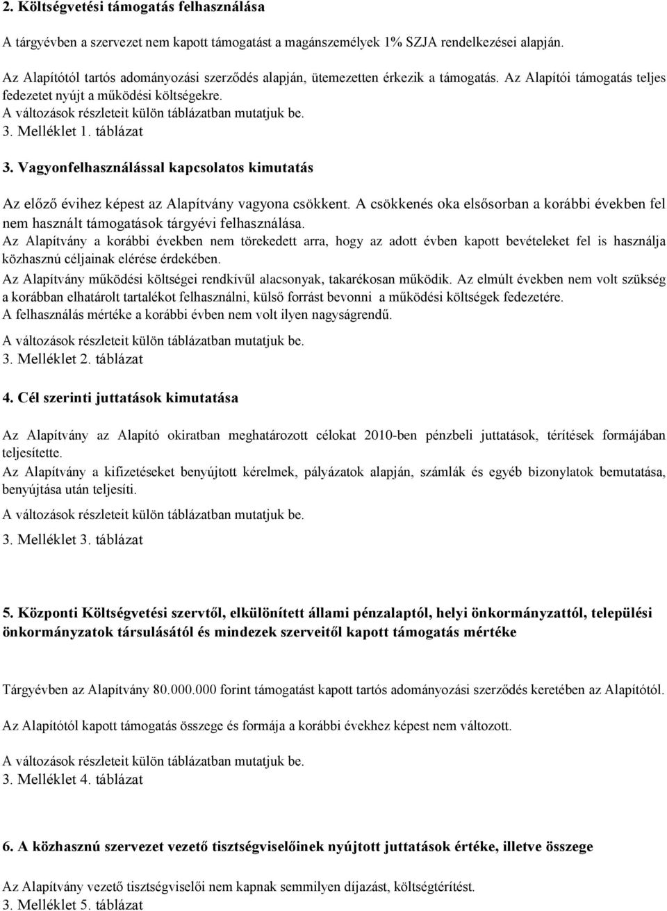 A változások részleteit külön táblázatban mutatjuk be. 3. Melléklet 1. táblázat 3. Vagyonfelhasználással kapcsolatos kimutatás Az előző évihez képest az Alapítvány vagyona csökkent.