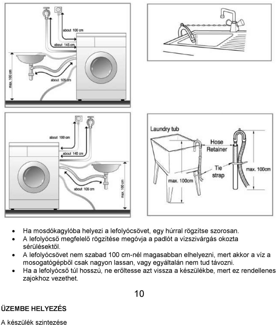 A lefolyócsövet nem szabad 100 cm-nél magasabban elhelyezni, mert akkor a víz a mosogatógépből csak nagyon