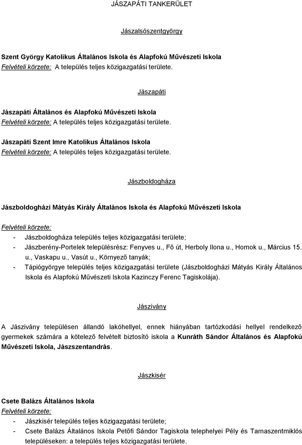 Jászberény-Portelek településrész: Fenyves u., Fő út, Herboly Ilona u., Homok u., Március 15. u., Vaskapu u., Vasút u.