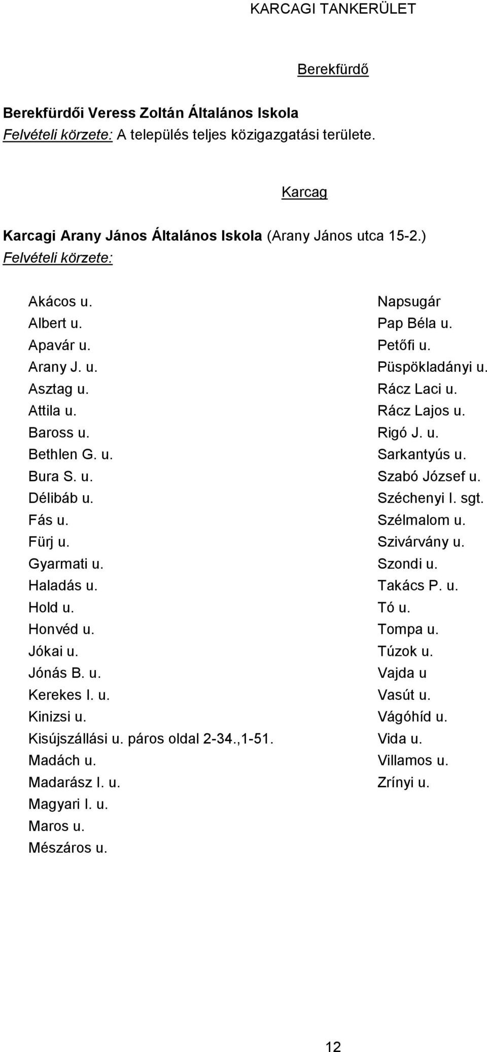 Kisújszállási u. páros oldal 2-34.,1-51. Madách u. Madarász I. u. Magyari I. u. Maros u. Mészáros u. Napsugár Pap Béla u. Petőfi u. Püspökladányi u. Rácz Laci u. Rácz Lajos u. Rigó J.