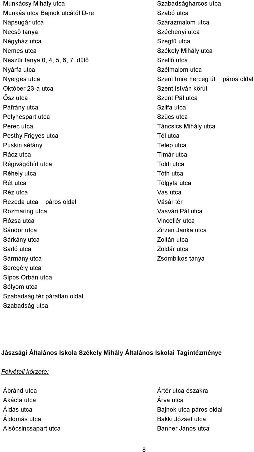 utca páros oldal Rozmaring utca Rózsa utca Sándor utca Sárkány utca Sarló utca Sármány utca Seregély utca Sípos Orbán utca Sólyom utca Szabadság tér páratlan oldal Szabadság utca Szabadságharcos utca