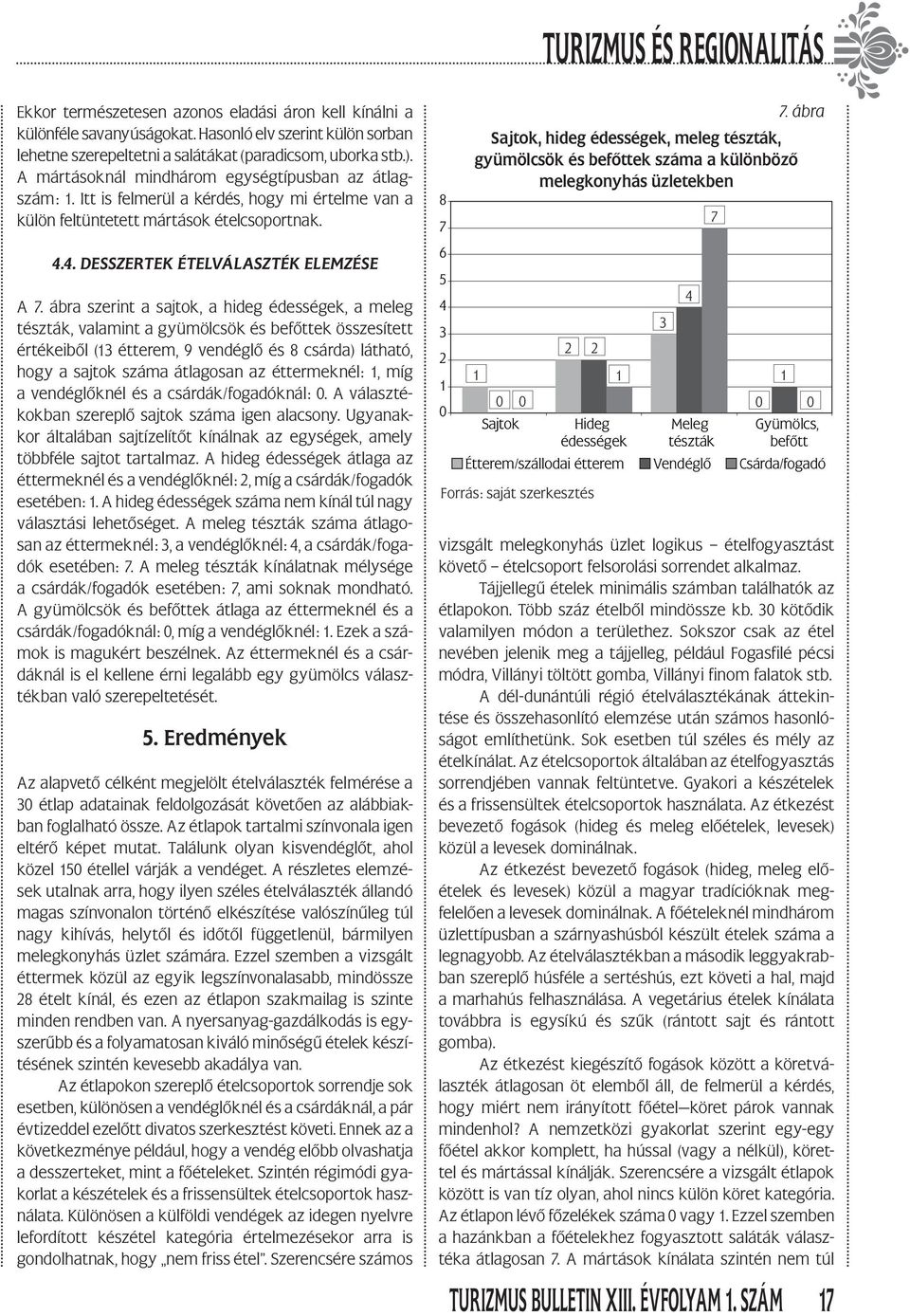 ábra szerint a sajtok, a hideg édességek, a meleg tészták, valamint a gyümölcsök és befőttek összesített értékeiből ( étterem, 9 vendéglő és csárda) látható, hogy a sajtok száma átlagosan az