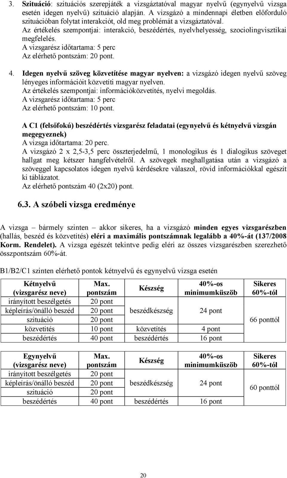 Az értékelés szempontjai: interakció, beszédértés, nyelvhelyesség, szociolingvisztikai megfelelés. A vizsgarész időtartama: 5 perc Az elérhető pontszám: 20 pont. 4.