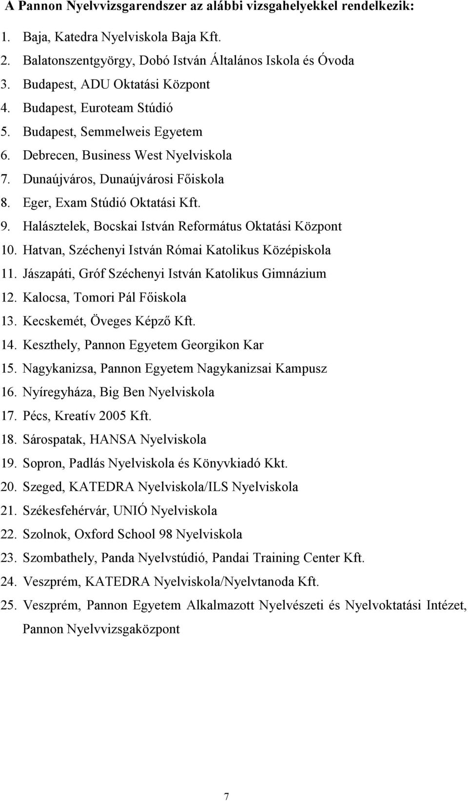 Eger, Exam Stúdió Oktatási Kft. 9. Halásztelek, Bocskai István Református Oktatási Központ 10. Hatvan, Széchenyi István Római Katolikus Középiskola 11.