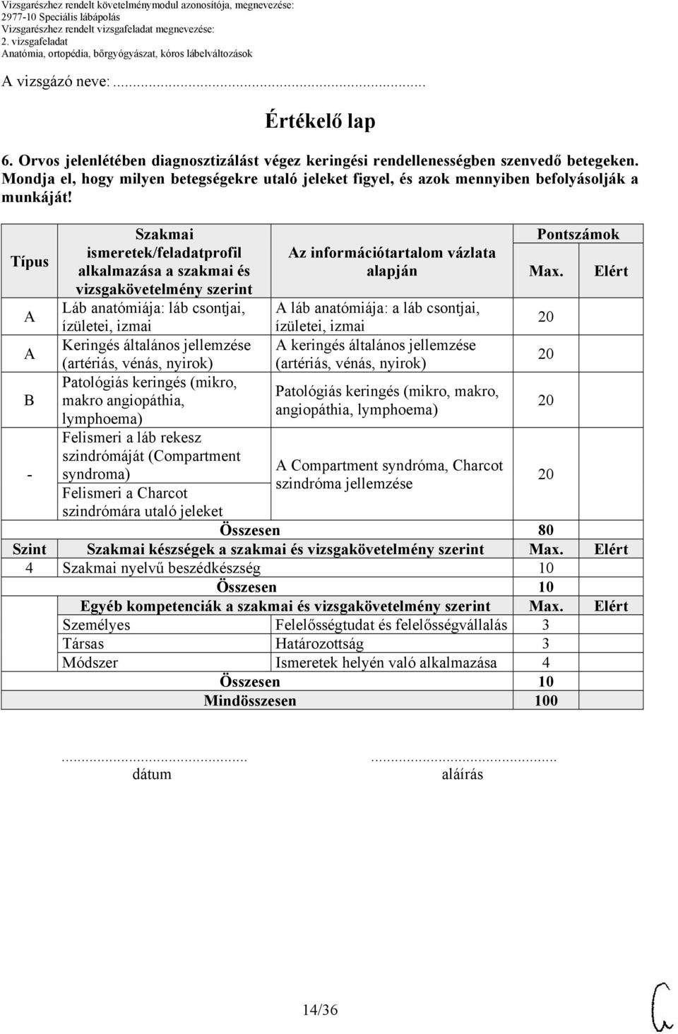 Típus B Szakmai ismeretek/feladatprofil alkalmazása a szakmai és vizsgakövetelmény szerint Láb anatómiája: láb csontjai, ízületei, izmai Keringés általános jellemzése (artériás, vénás, nyirok)