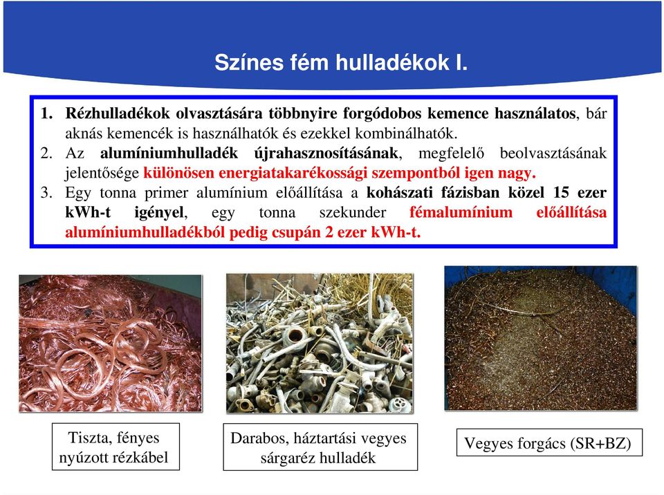 Az alumíniumhulladék újrahasznosításának, megfelelő beolvasztásának jelentősége különösen energiatakarékossági szempontból igen nagy. 3.