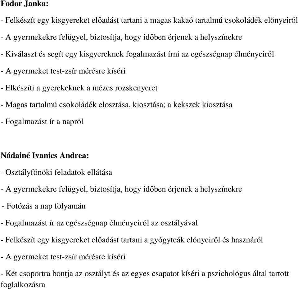 ír a napról Nádainé Ivanics Andrea: - Osztályfőnöki feladatok ellátása - Fotózás a nap folyamán - Fogalmazást ír az egészségnap élményeiről az osztályával - Felkészít egy kisgyereket