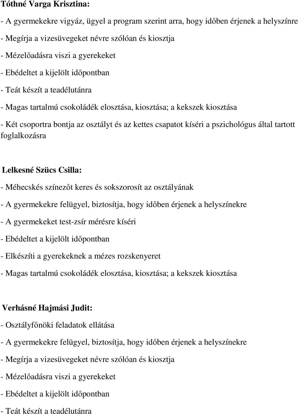 pszichológus által tartott foglalkozásra Lelkesné Szücs Csilla: - Méhecskés színezőt keres és sokszorosít az osztályának - A gyermekeket test-zsír mérésre kíséri - Ebédeltet a kijelölt időpontban -