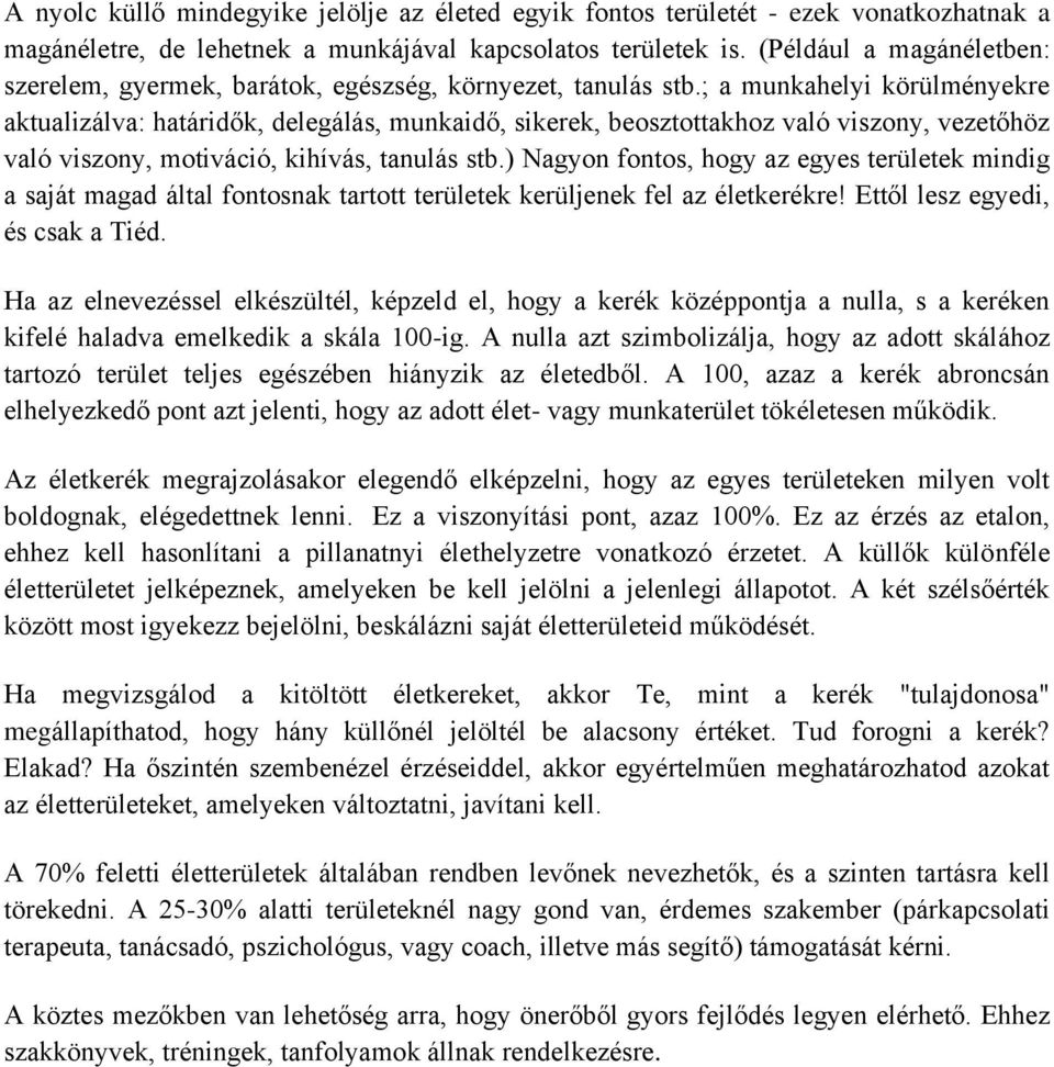 ; a munkahelyi körülményekre aktualizálva: határidők, delegálás, munkaidő, sikerek, beosztottakhoz való viszony, vezetőhöz való viszony, motiváció, kihívás, tanulás stb.