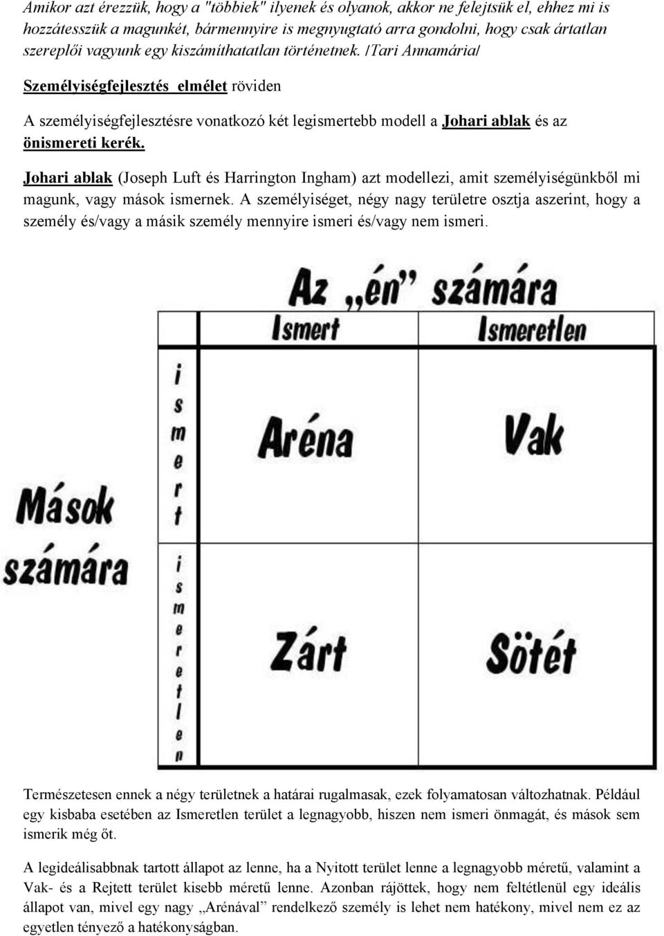 Johari ablak (Joseph Luft és Harrington Ingham) azt modellezi, amit személyiségünkből mi magunk, vagy mások ismernek.