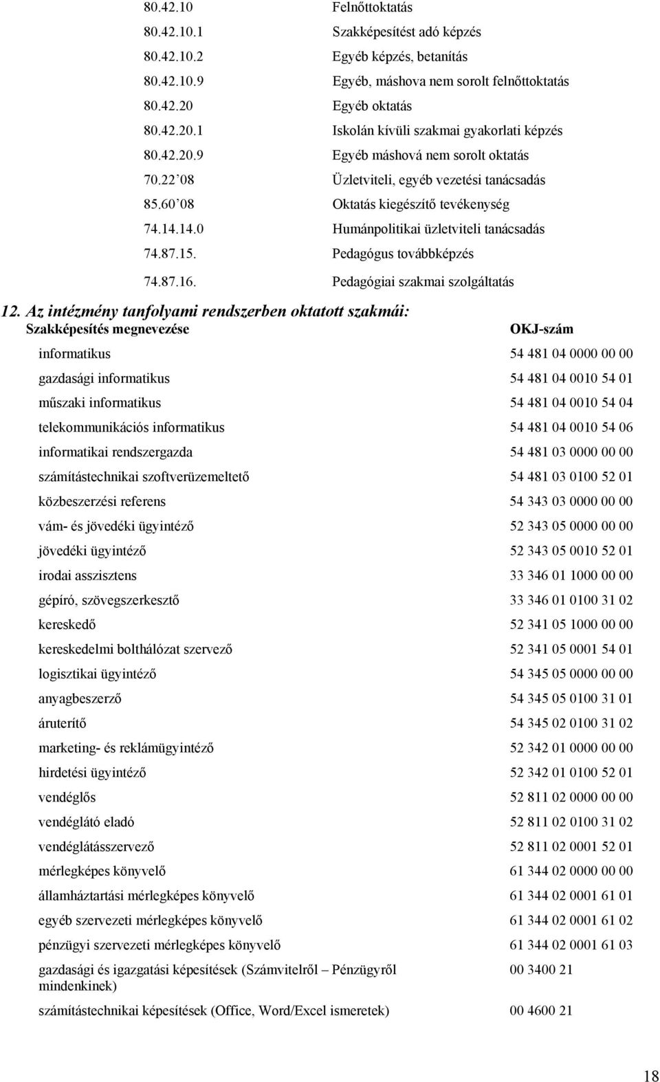 60 08 Oktatás kiegészítő tevékenység 74.14.14.0 Humánpolitikai üzletviteli tanácsadás 74.87.15. Pedagógus továbbképzés 74.87.16. Pedagógiai szakmai szolgáltatás 12.