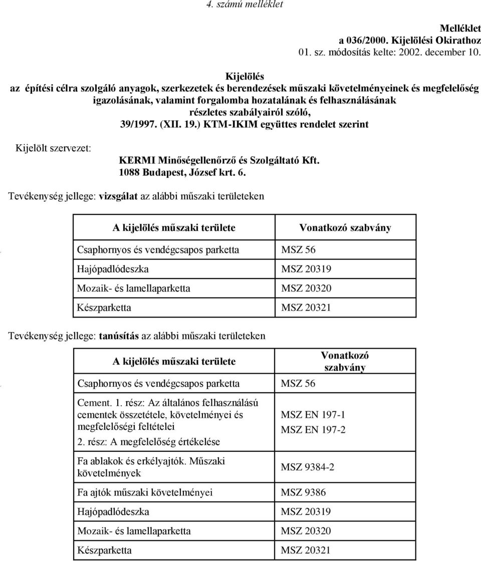 39/1997. (XII. 19.) KTM-IKIM együttes rendelet szerint KERMI Minőségellenőrző és Szolgáltató Kft. 1088 Budapest, József krt. 6.