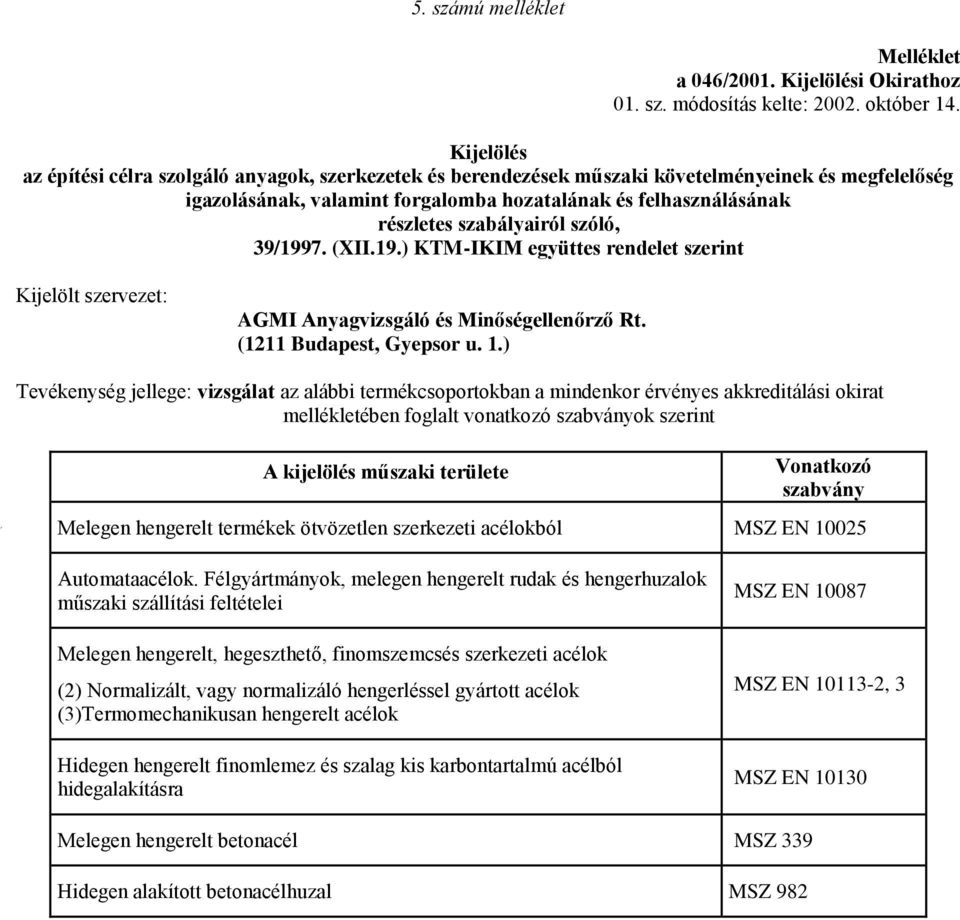 39/1997. (XII.19.) KTM-IKIM együttes rendelet szerint AGMI Anyagvizsgáló és Minőségellenőrző Rt. (1211 Budapest, Gyepsor u. 1.