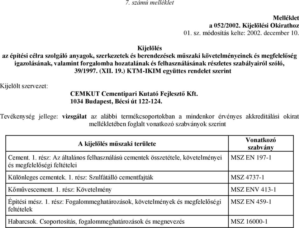 39/1997. (XII. 19.) KTM-IKIM együttes rendelet szerint CEMKUT Cementipari Kutató Fejlesztő Kft. 1034 Budapest, Bécsi út 122-124.