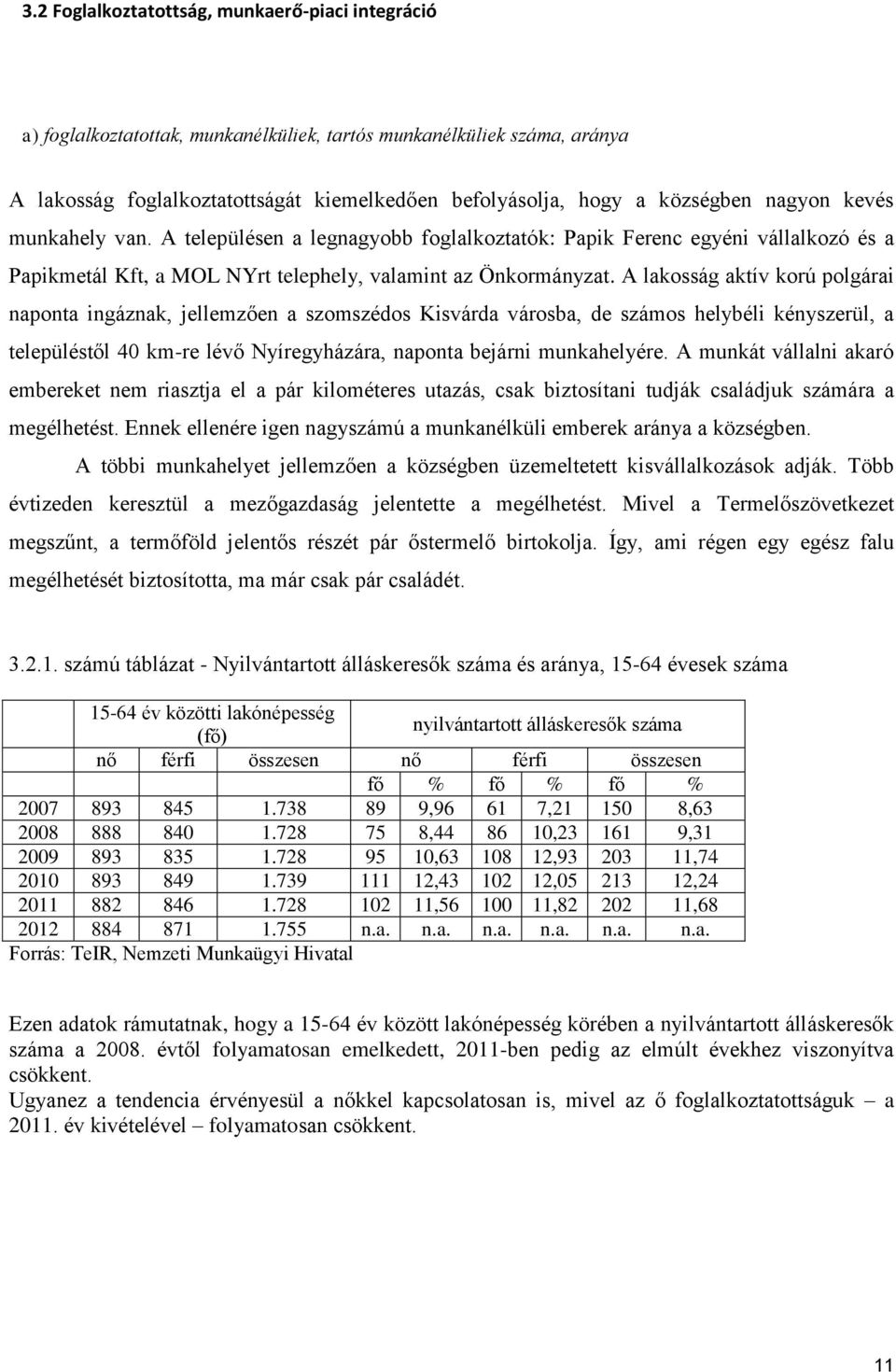 A lakosság aktív korú polgárai naponta ingáznak, jellemzően a szomszédos Kisvárda városba, de számos helybéli kényszerül, a településtől 40 km-re lévő Nyíregyházára, naponta bejárni munkahelyére.