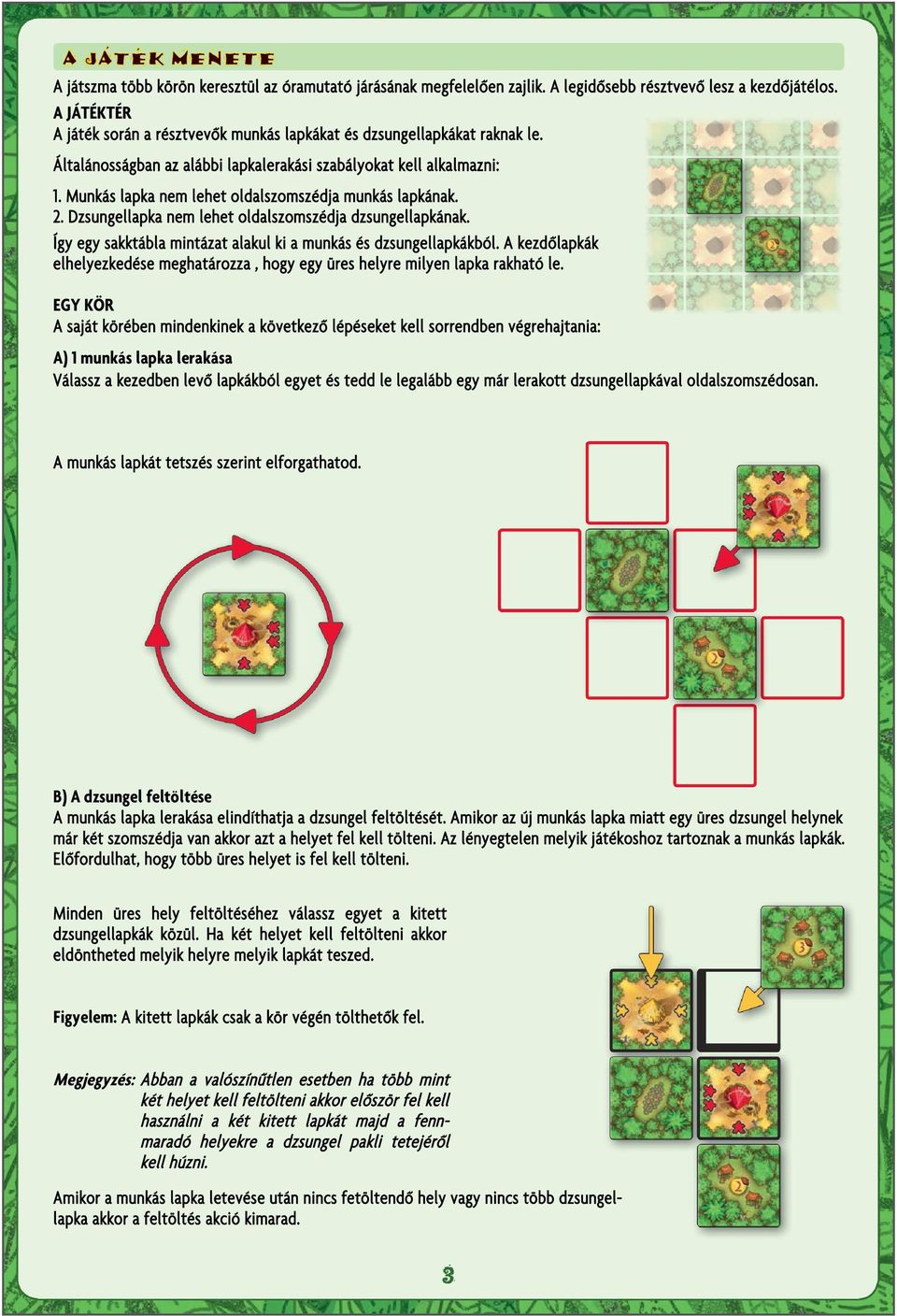 Így egy sakktábla mintázat alakul ki a munkás dzsungellapkákból. A kezdőlapkák elhelyezkede meghatározza, hogy egy üres helyre milyen lapka rakható le.