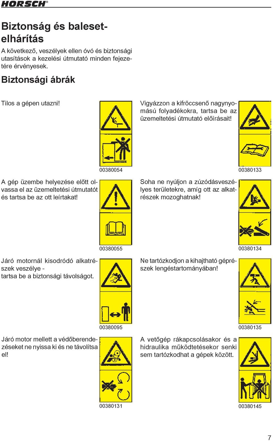 00380054 00380133 A gép üzembe helyezése előtt olvassa el az üzemeltetési útmutatót és tartsa be az ott leírtakat! Soha ne nyúljon a zúzódásveszélyes területekre, amíg ott az alkatrészek mozoghatnak!