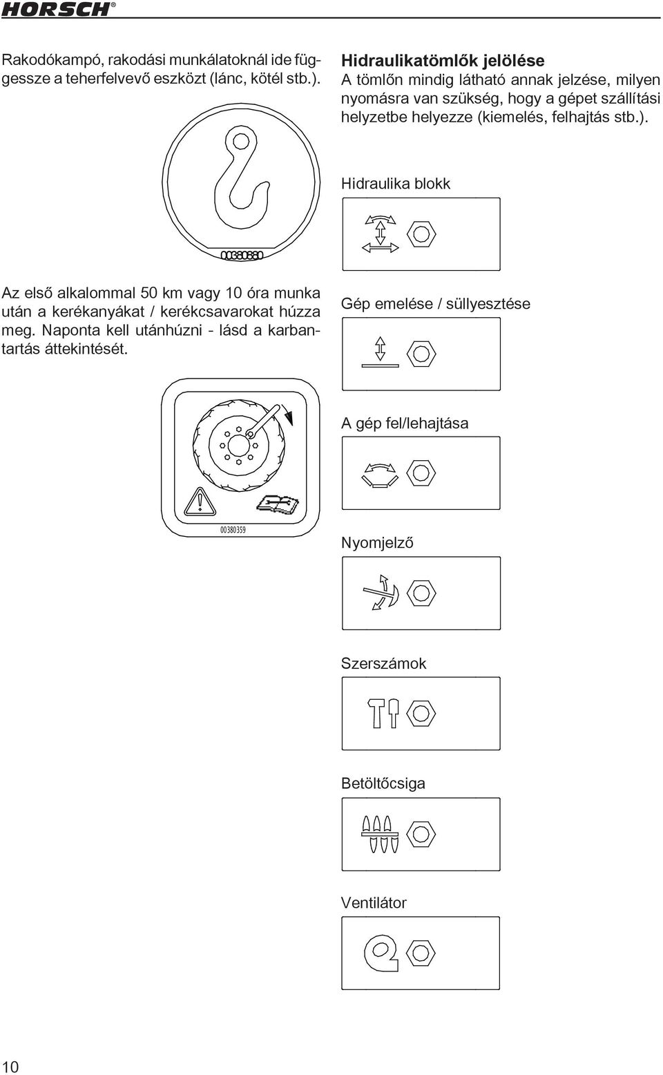 00110683 00110684 Hidraulika blokk 00380880 Az első alkalommal 50 km vagy 10 óra munka után a kerékanyákat / kerékcsavarokat húzza meg.
