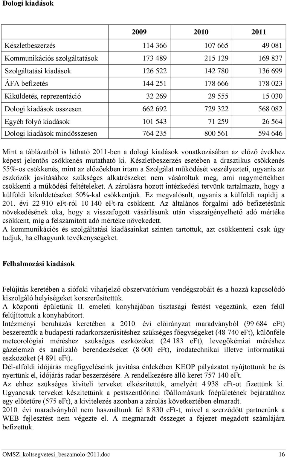 646 Mint a táblázatból is látható 2011-ben a dologi kiadások vonatkozásában az előző évekhez képest jelentős csökkenés mutatható ki.