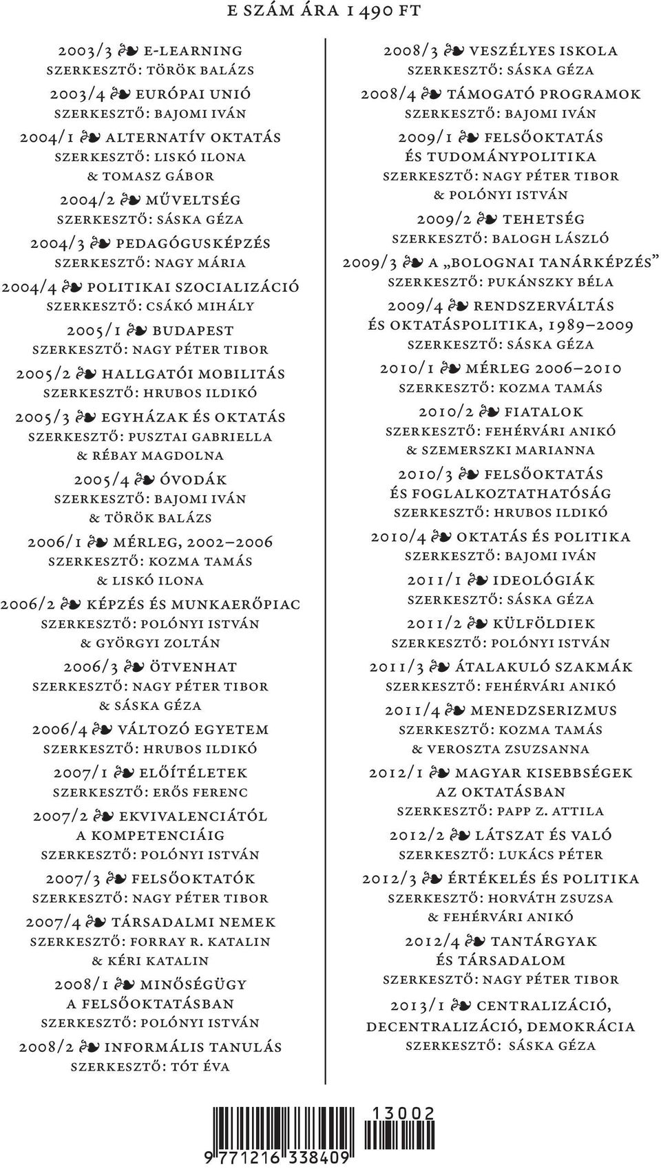 Liskó Ilona 2006/2 Képzés és munkaerőpiac & Györgyi Zoltán 2006/3 Ötvenhat & Sáska Géza 2006/4 Változó egyetem 2007/1 Előítéletek Szerkesztő: Erős Ferenc 2007/2 Ekvivalenciától a kompetenciáig 2007/3