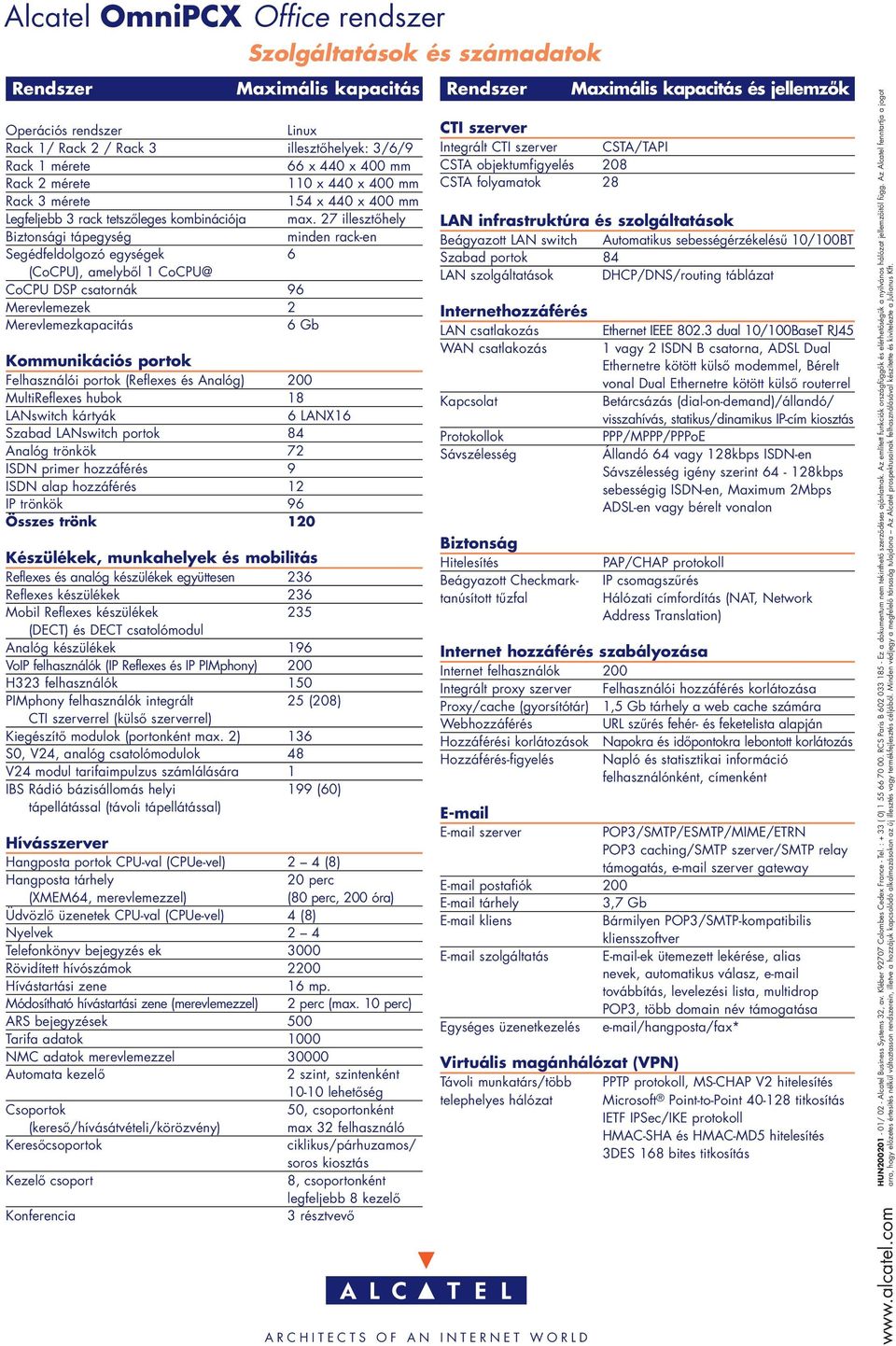 27 illesztôhely Biztonsági tápegység minden rack-en Segédfeldolgozó egységek 6 (CoCPU), amelybôl 1 CoCPU@ CoCPU DSP csatornák 96 Merevlemezek 2 Merevlemezkapacitás 6 Gb Kommunikációs portok