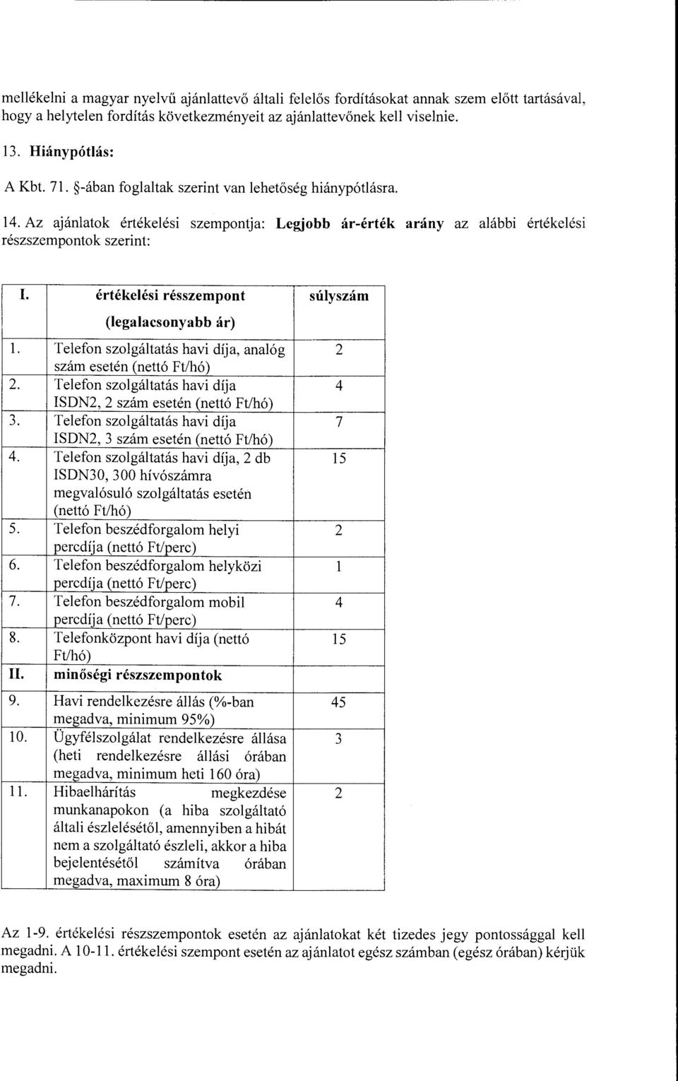 értékelési résszempont súlyszám (legalacsonyabb ár) l. Telefon szolgáltatás havi díja, analóg 2 szám esetén (nettó Ft/hó) 2. Telefon szolgáltatás havi díja 4 ISDN2, 2 szám esetén (nettó Ft/hó) 3.