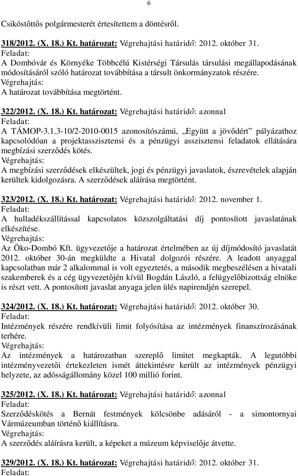 (X. 18.) Kt. határozat: Végrehajtási határidő: azonnal A TÁMOP-3.1.3-10/2-2010-0015 azonosítószámú, Együtt a jövődért pályázathoz kapcsolódóan a projektasszisztensi és a pénzügyi asszisztensi feladatok ellátására megbízási szerződés kötés.