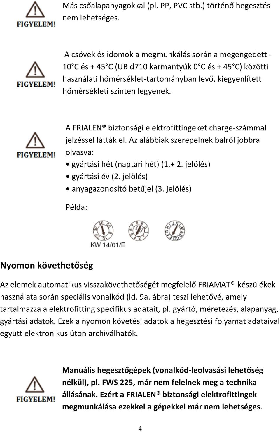 A FRIALEN biztonsági elektrofittingeket charge-számmal jelzéssel látták el. Az alábbiak szerepelnek balról jobbra olvasva: gyártási hét (naptári hét) (1.+ 2. jelölés) gyártási év (2.