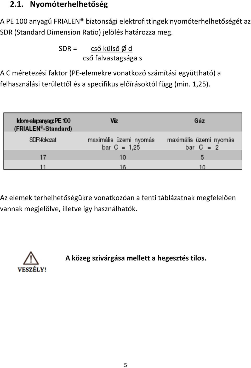 SDR = cső külső Ø d cső falvastagsága s A C méretezési faktor (PE-elemekre vonatkozó számítási együttható) a felhasználási