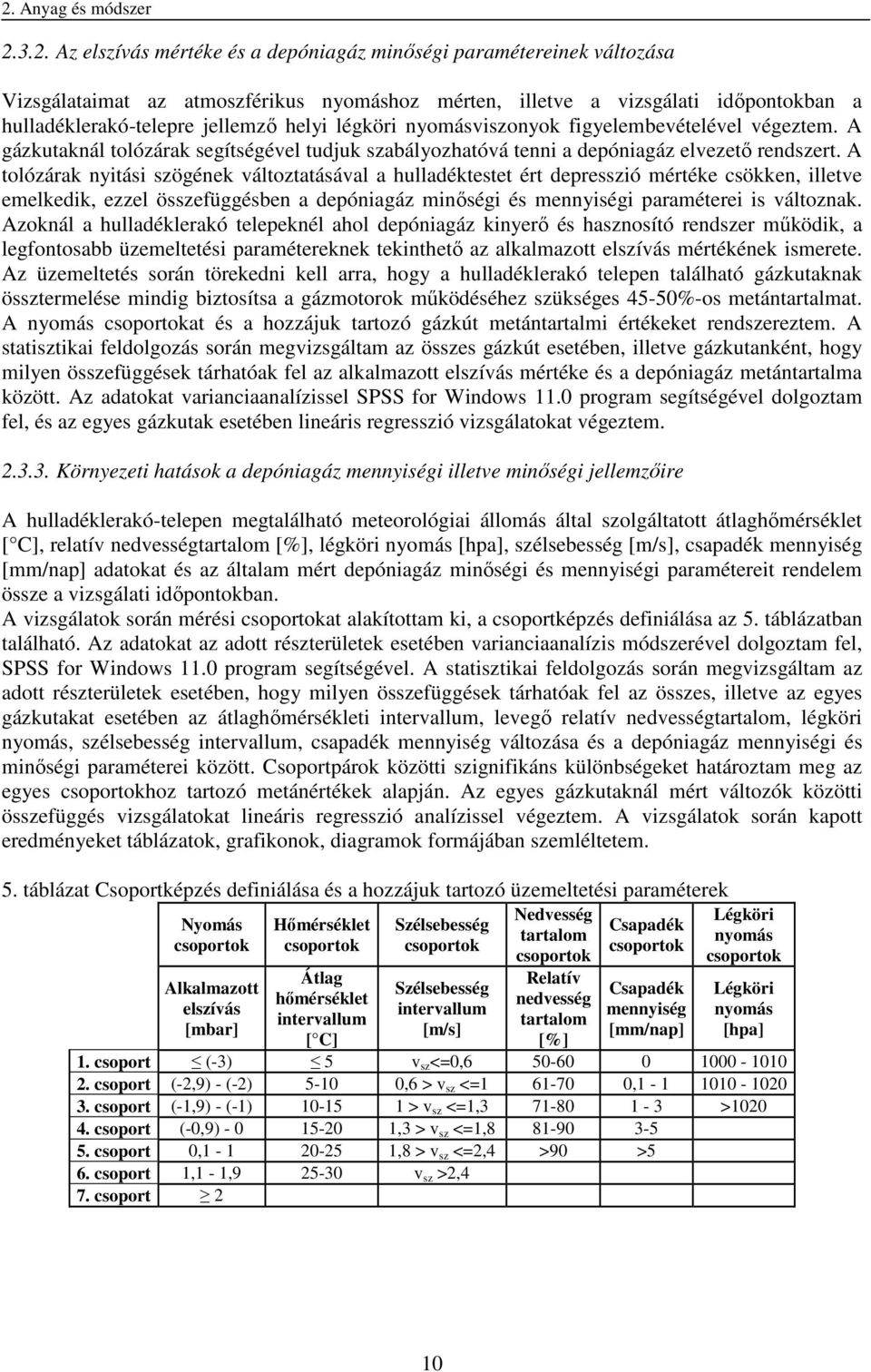 A tolózárak nyitási szögének változtatásával a hulladéktestet ért depresszió mértéke csökken, illetve emelkedik, ezzel összefüggésben a depóniagáz minőségi és mennyiségi paraméterei is változnak.