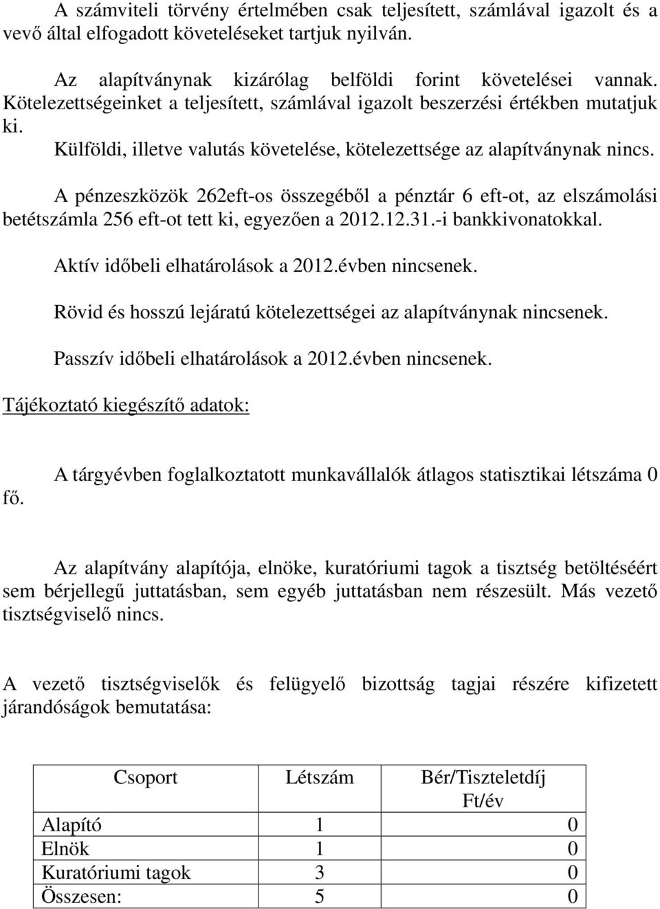 A pénzeszközök 262eft-os összegéből a pénztár 6 eft-ot, az elszámolási betétszámla 256 eft-ot tett ki, egyezően a 2012.12.31.-i bankkivonatokkal. Aktív időbeli elhatárolások a 2012.évben nincsenek.