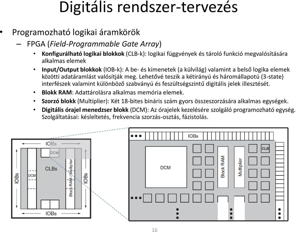 Lehetővé teszik a kétirányú és háromállapotú (3-state) interfészek valamint különböző szabványú és feszültségszintű digitális jelek illesztését. Blokk RAM: Adattárolásra alkalmas memória elemek.