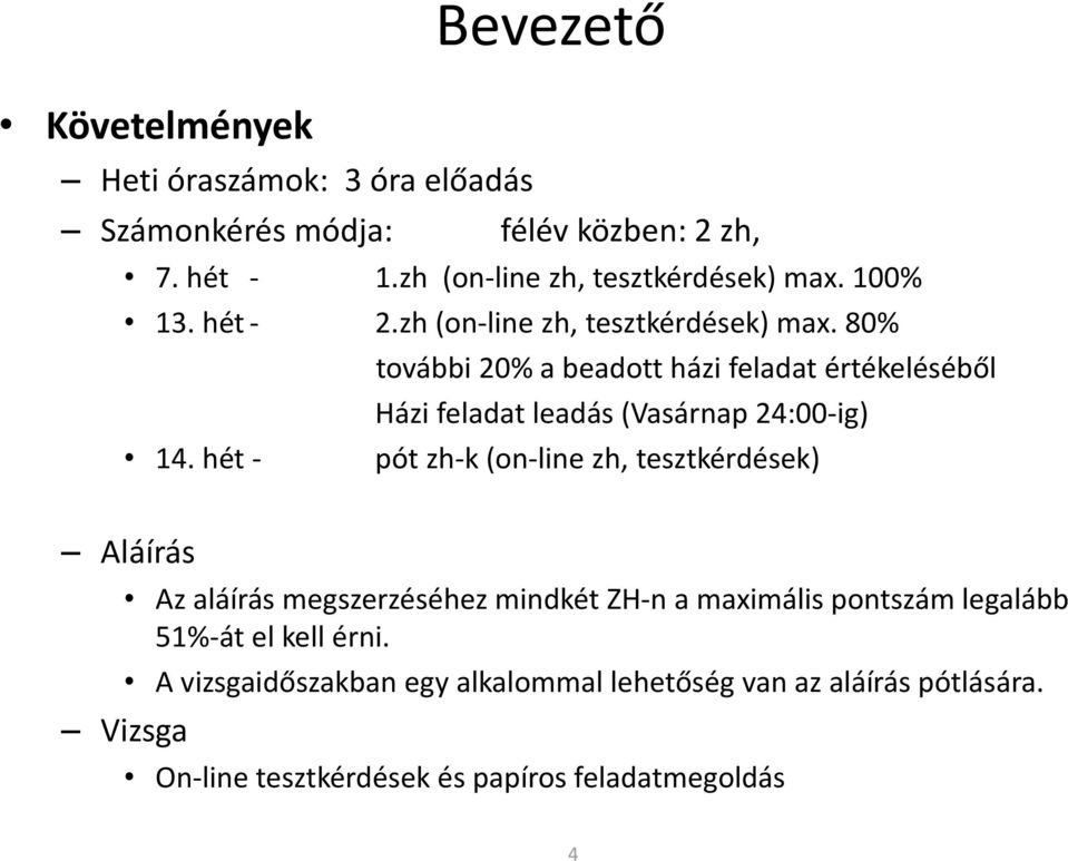 80% további 20% a beadott házi feladat értékeléséből Házi feladat leadás (Vasárnap 24:00-ig) 14.