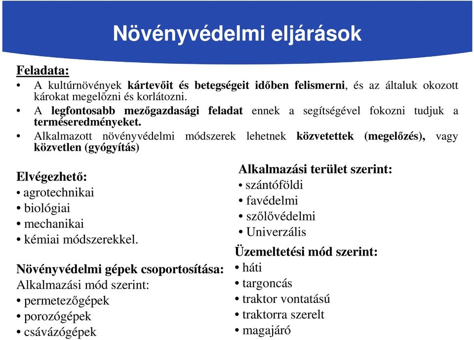 Alkalmazott növényvédelmi módszerek lehetnek közvetettek (megelőzés), vagy közvetlen (gyógyítás) Elvégezhető: agrotechnikai biológiai mechanikai kémiai módszerekkel.