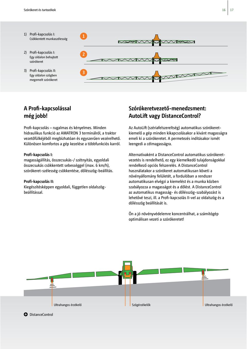 Különösen komfortos a gép kezelése a többfunkciós karról. Profi-kapcsolás I: magasságállítás, összecsukás-/ szétnyitás, egyoldali összecsukás csökkentett sebességgel (max.