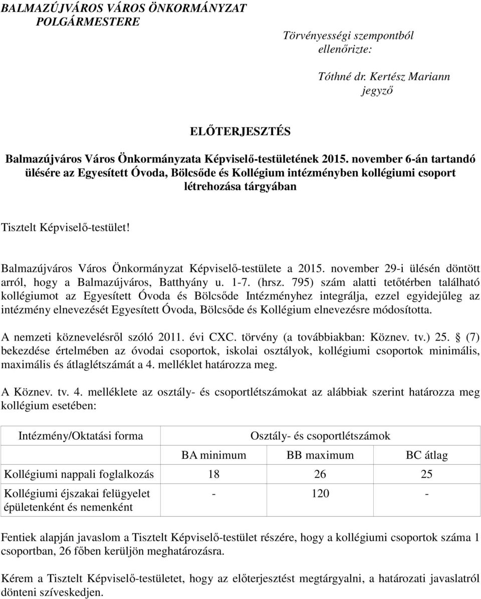 Balmazújváros Város Önkormányzat Képviselő-testülete a 2015. november 29-i ülésén döntött arról, hogy a Balmazújváros, Batthyány u. 1-7. (hrsz.