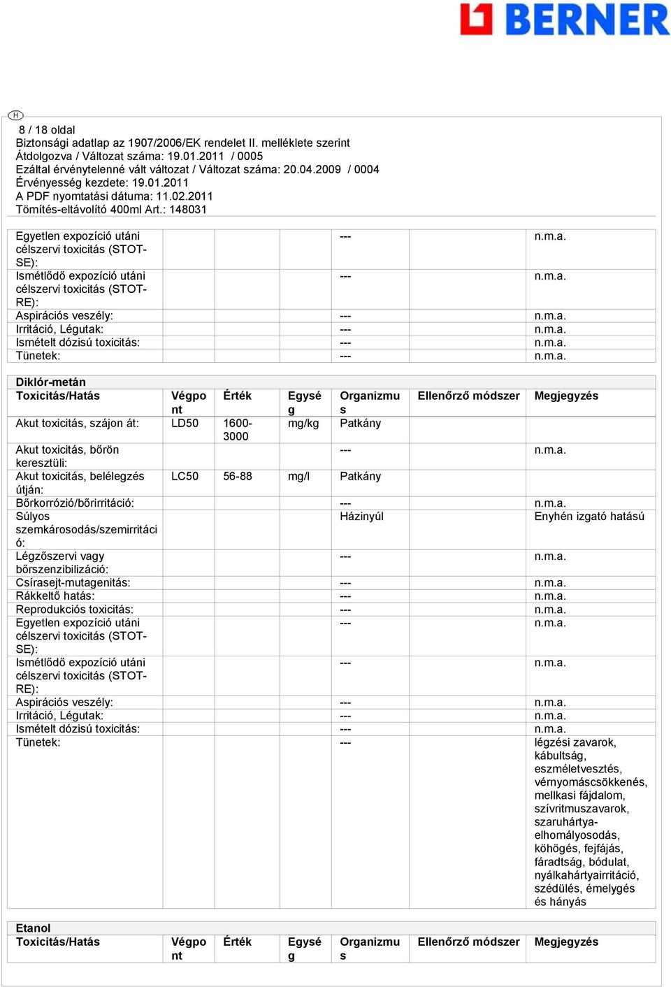 belélegzés LC50 56-88 mg/l Patkány útján: Bőrkorrózió/bőrirritáció: --- Súlyos Házinyúl Enyhén izgató hatású szemkárosodás/szemirritáci ó: Légzőszervi vagy --- bőrszenzibilizáció: